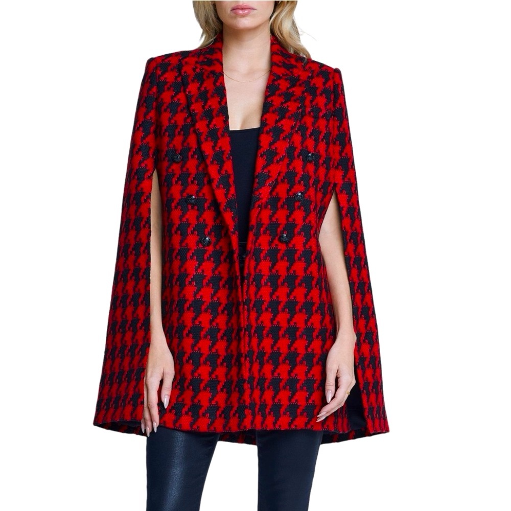 L’AGENCE Delta Houndstooth Cape Blazer Red Black New With Tags